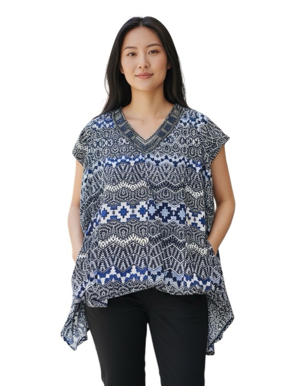 Cato Shark Bite Hem Beaded Neck Short Sleeve Blouse -Size 22/24